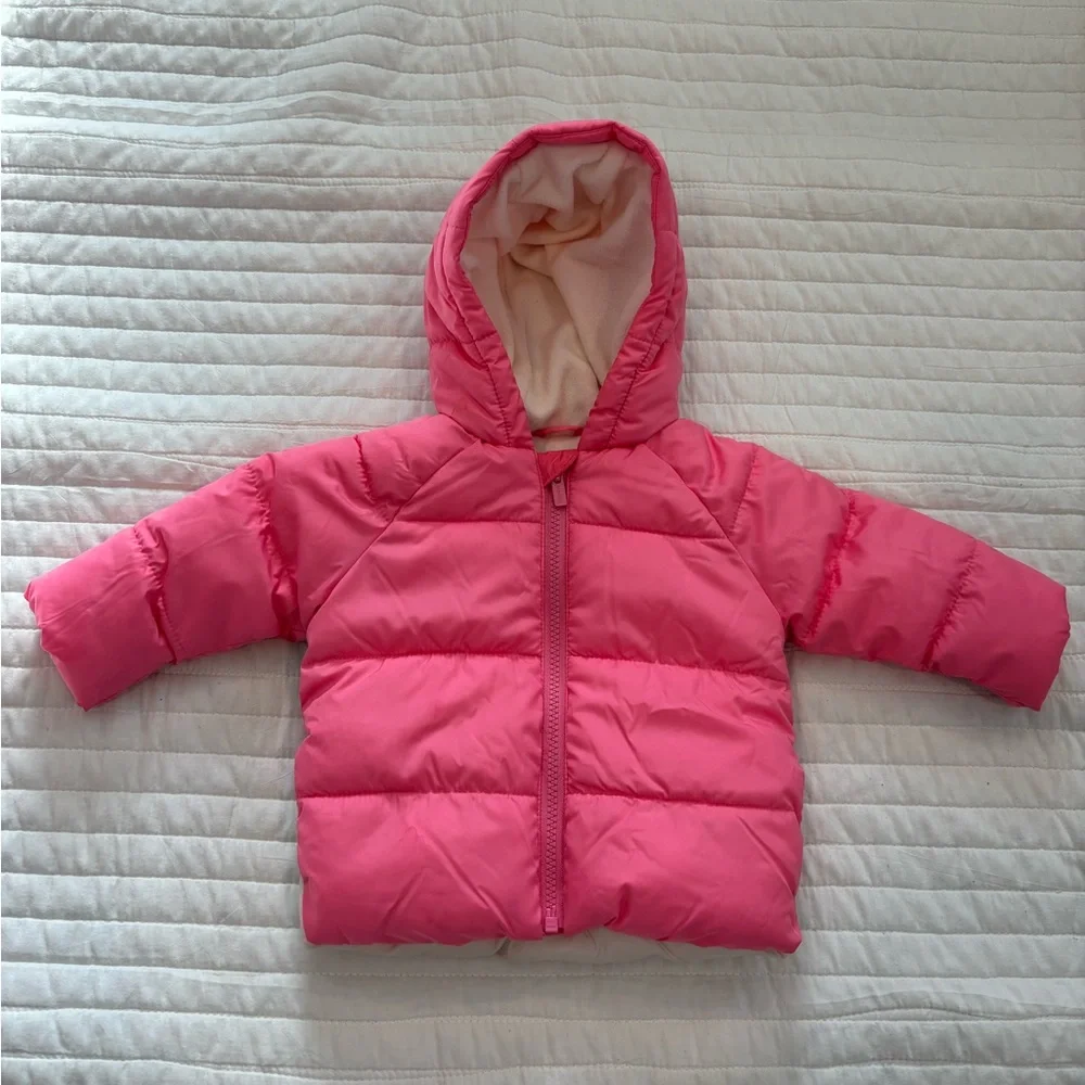 Old Navy Water Resistant Quilted Graphic Hooded Puffer Coat Pink Sz 6-12 months